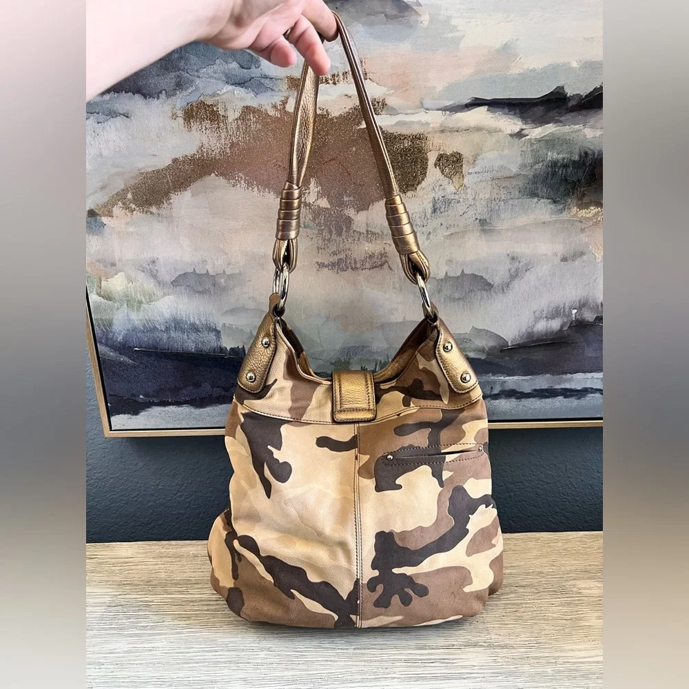 b. makowsky Genuine Leather Camouflage Hobo Bag with Brown Accents